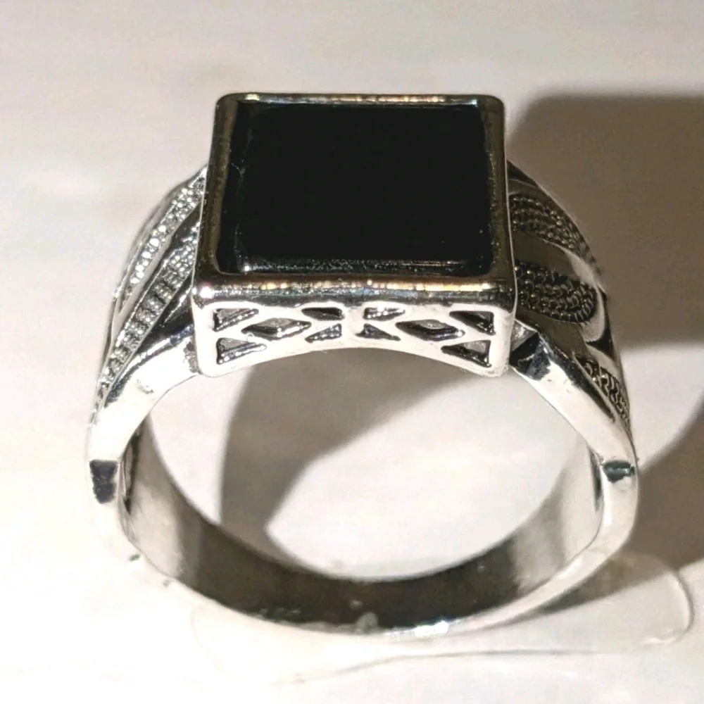 14k White Gold Plate Over Sterling Silver Turkish Gemstone Black Onyx Men's Ring